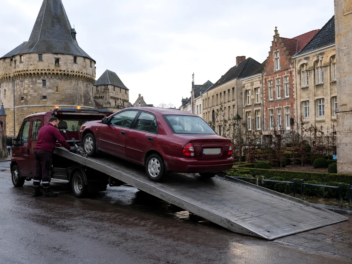 Auto wordt in Diest op een oprijwagen geladen voor gratis ophaling, met de stad op de achtergrond