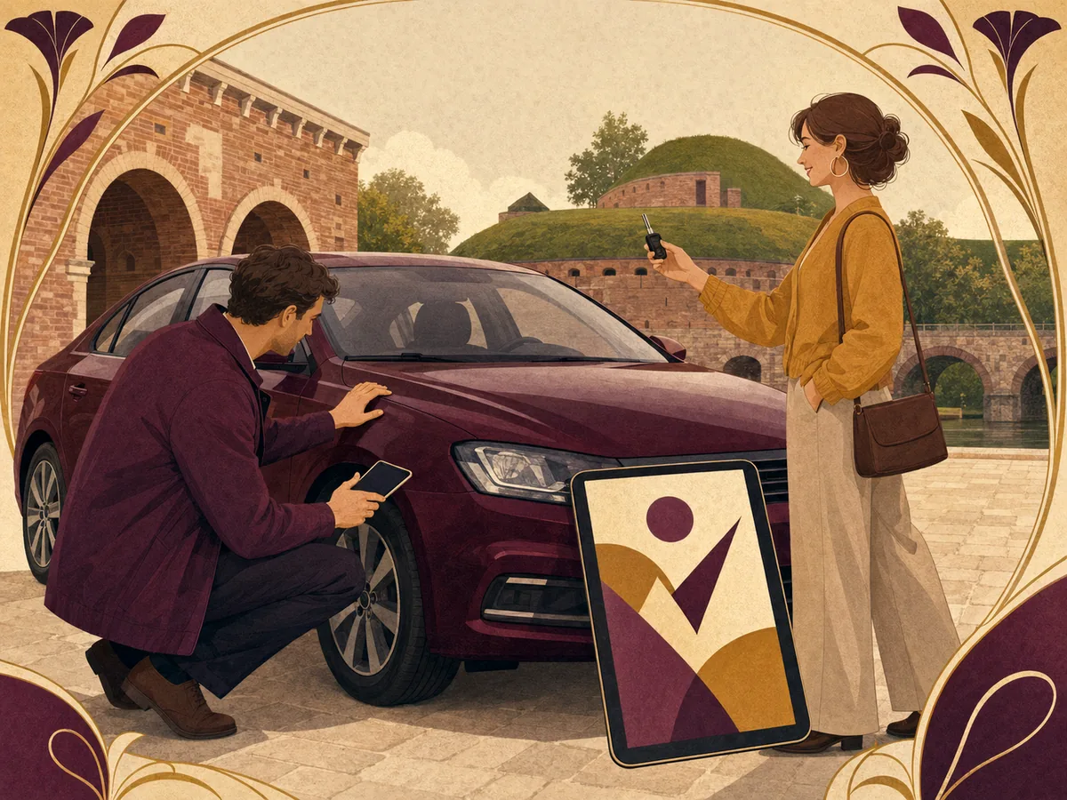 Illustratie van een autoverkoop in Diest: de opkoper bekijkt de wagen met een tablet terwijl de verkoper de sleutel klaarhoudt, met een vestingheuvel op de achtergrond